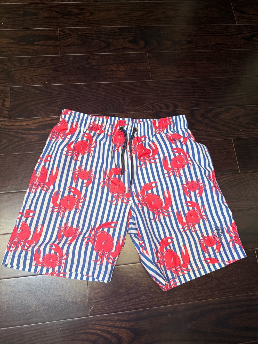Men’s U.S. Polo Assn. Blue & White Striped Swim Shorts with Red Crab Print